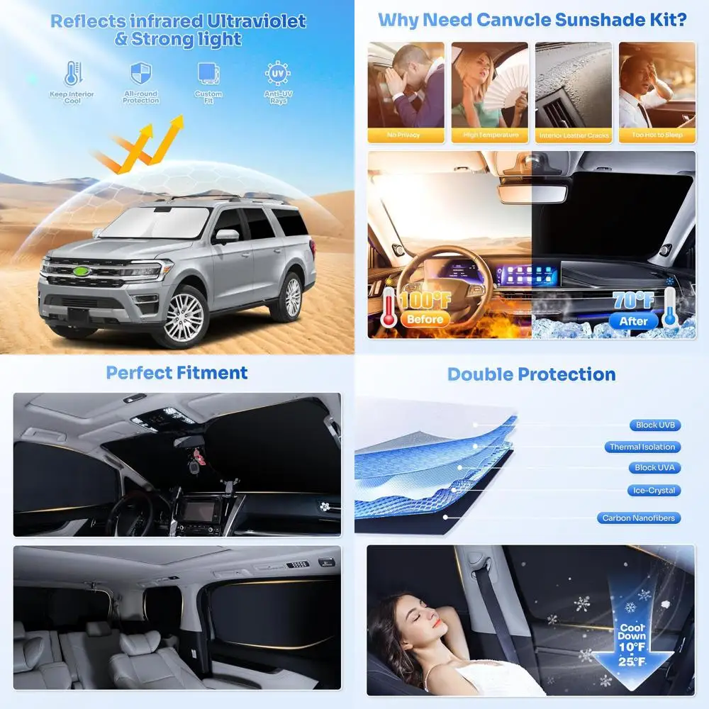 

Black 8-Piece Ford Expedition Sunshade Set for 2025-2026 Models - Windshield, Side & Rear Window Covers for Privacy and Cooling