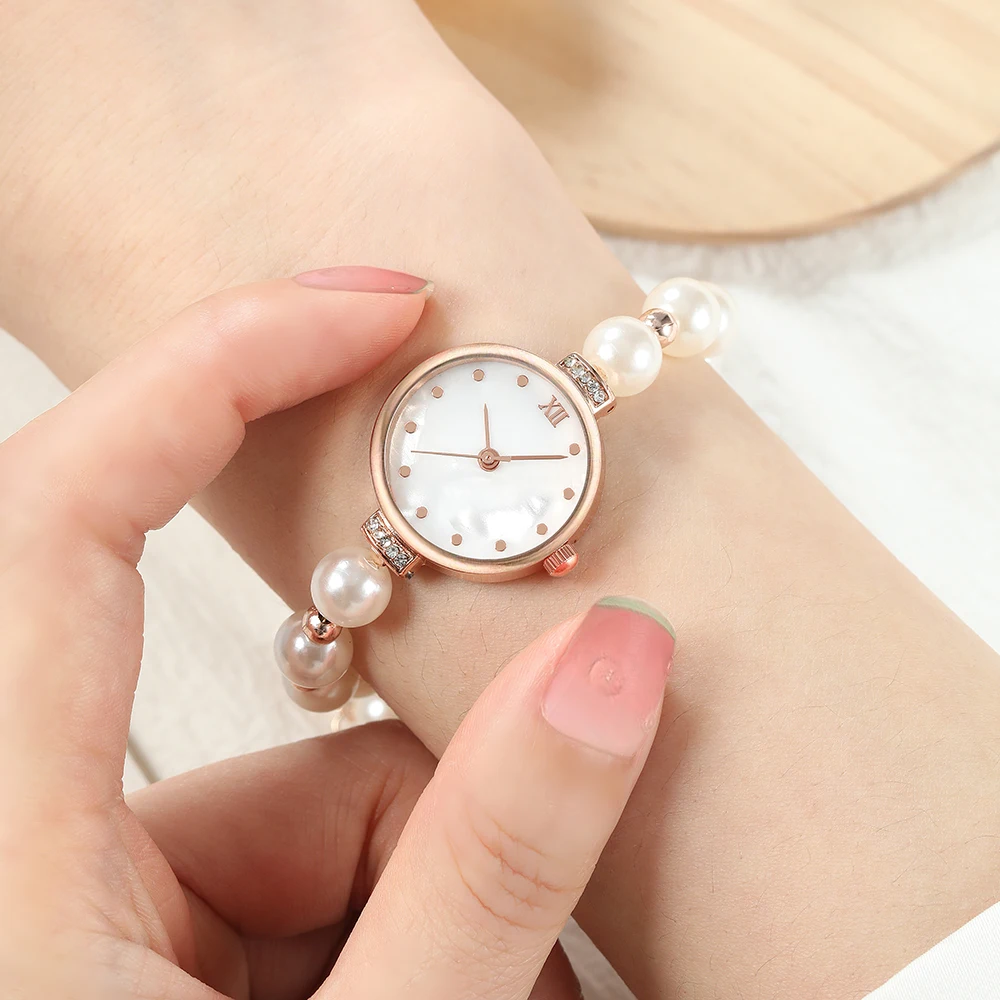 1Pc Ladies Watch Fashion Simple Pearl Strap Round Dial Quartz Wristwatch Dress Clock Montre Femme