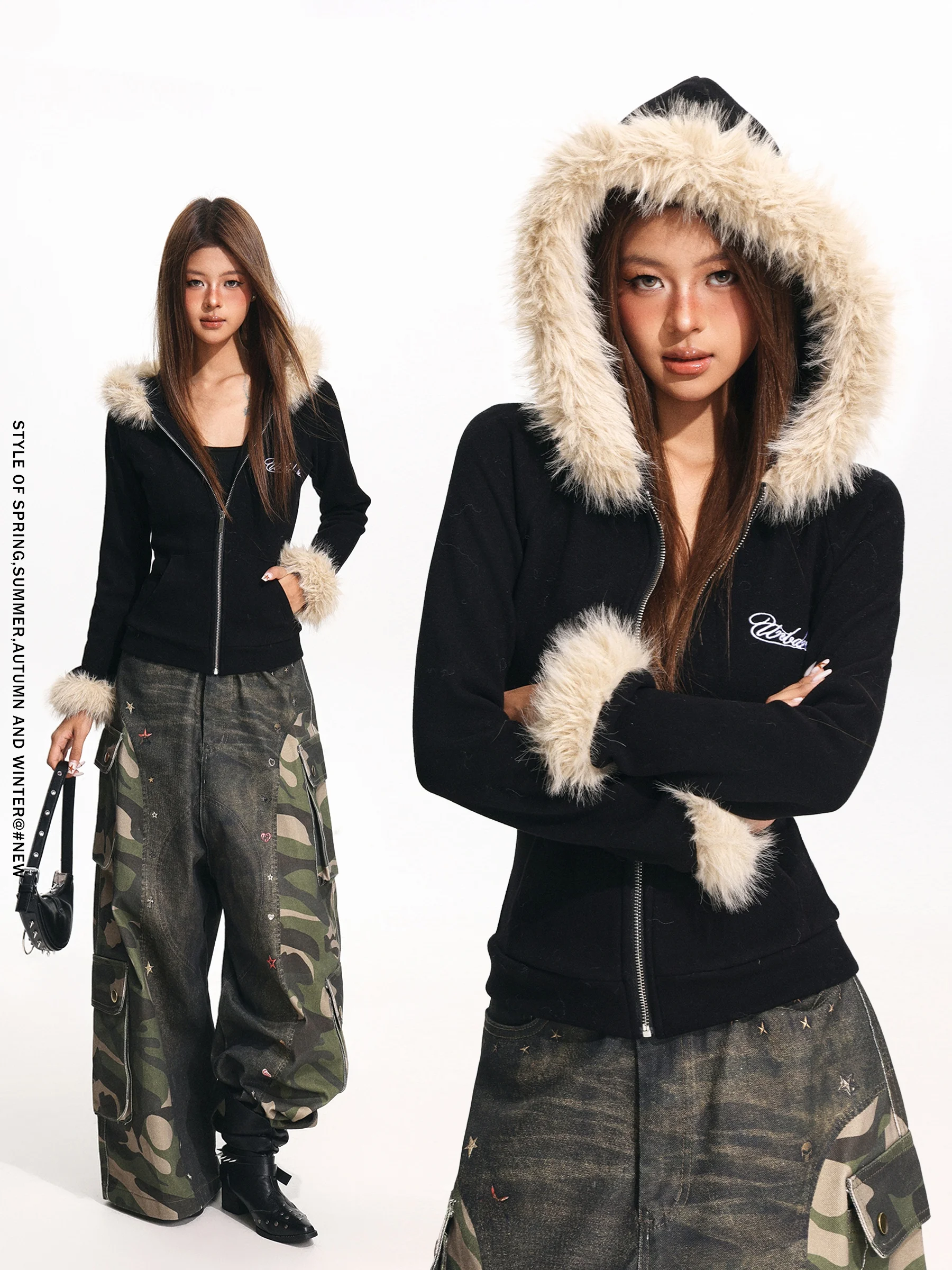 

Женская зимняя толстовка с капюшоном American Sle Thiened Fce, облегающий кардиган на молнии с открытой спиной, длинный све Свек Star Pa...