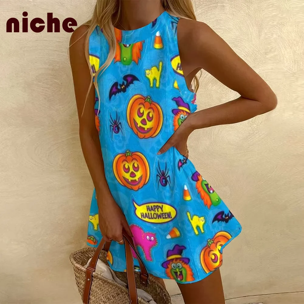 

Women's Sleeveless Dress Halloween Style Cartoon Graphic Print Waist High Quality Cotton And Linen Fashion Trend New Beach Skirt