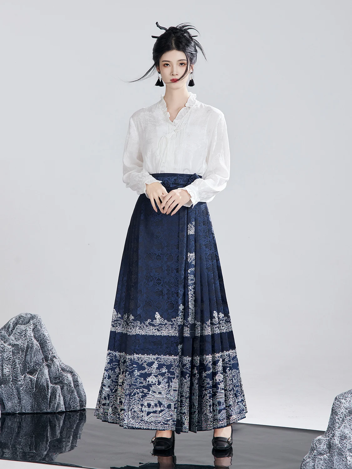 

Blue Ming Dynas Sle Chinese Traditional Culture f Skirt Women's Faionable Adjusted Waist Polyester Fiber A-Line Skirt