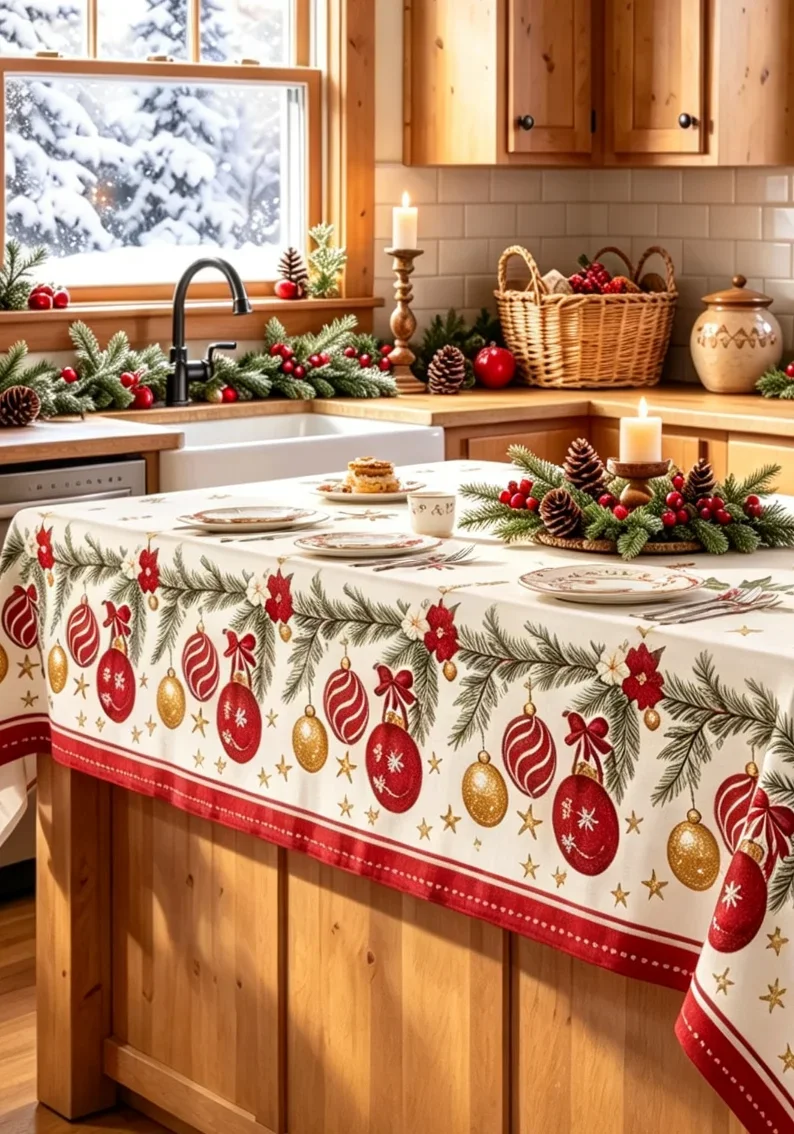 1Pc Christmas Printed Tablecloth, Slightly Waterproof Rectangular Table Cover for Kitchen Dining Room Holiday Party Home Decor