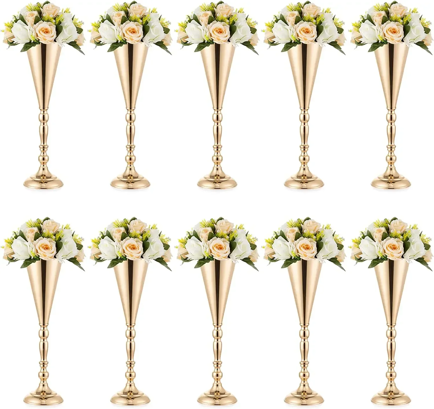 10 Pcs Gold Metal Wedding Flower Trumpet Vase, Table Decorative Centerpiece Artificial Flower Ceremony Party Birthday Event