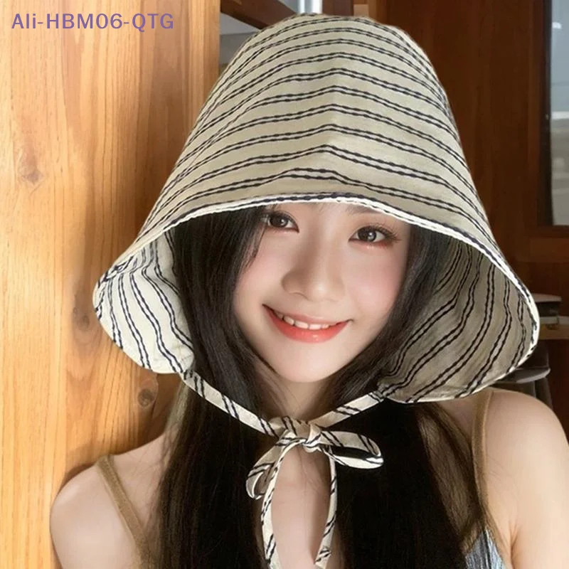 [New] Women's Wide-brimmed Foldable Bucket Hat With Drawstring Korean Style Striped Panama Outdoor Hiking Hat Sun Protection Hat