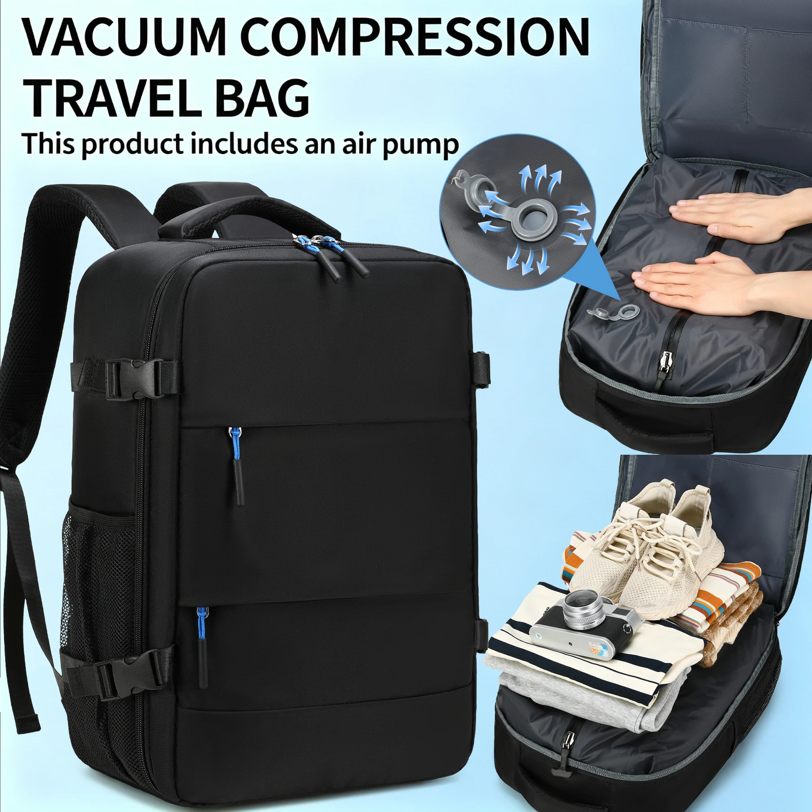 Vacuum Compression Travel Laptop Backpack with Air Pump – Foldable & Essential for Camping & Outdoor Travel