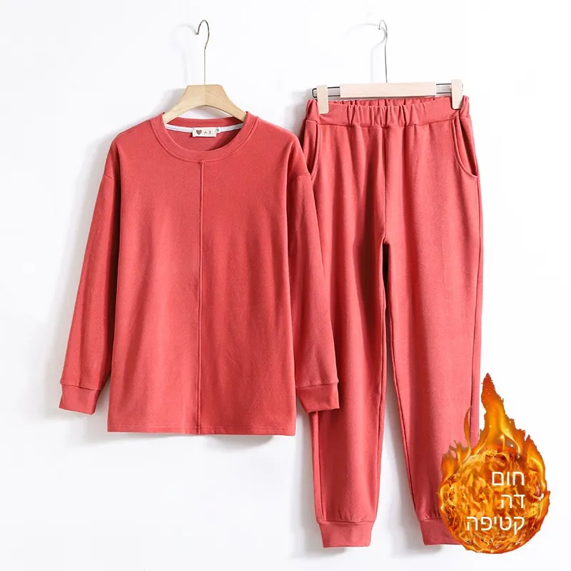 Thickened Fleece Pajamas Set for Women Autumn Winter Warm Home Clothes Long Sleeve Sporty Casual Style round Neck Sleepwear