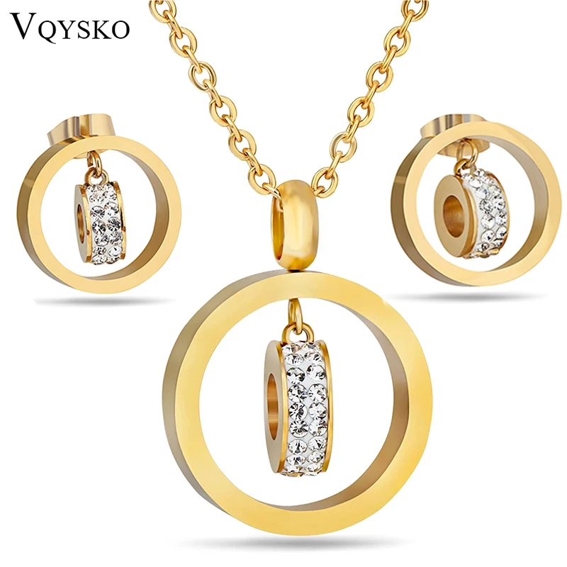 VQYSKO Gold Color Plated Round With Zircon Pendant Hollow Circle Shaped Beads For Necklaces Earring Set