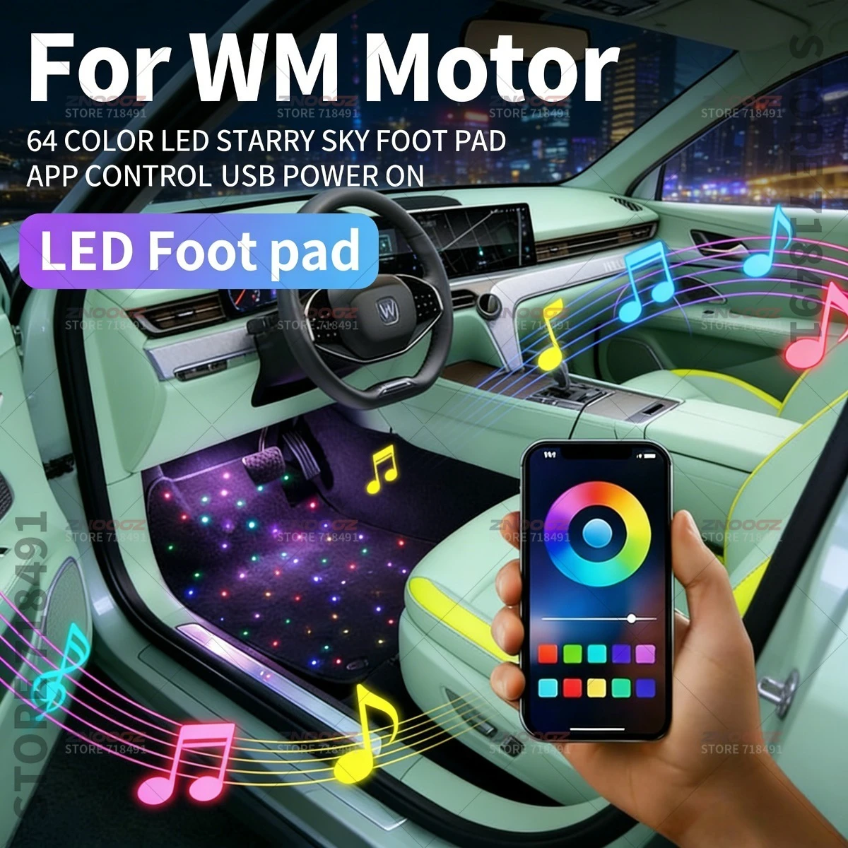 For WM Motor EX5 EX6 W6 USB Car LED Starry Sky Foot Mat DIY Can Be Cut