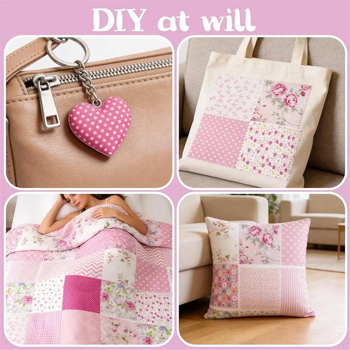 42 Pcs 5.2 Inch Pink Floral Fabric Squares for Quilting, 100% Cotton Charm Packs
