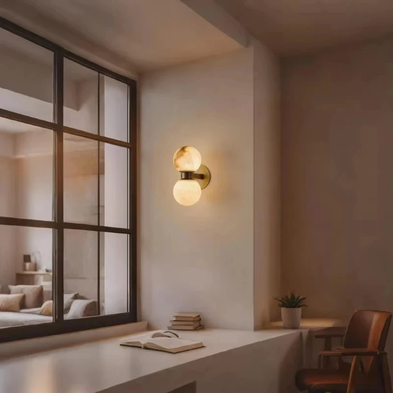 Modern Natural Double Globe Wall Sconce with Black Base for Bedroom Living Room Hallway