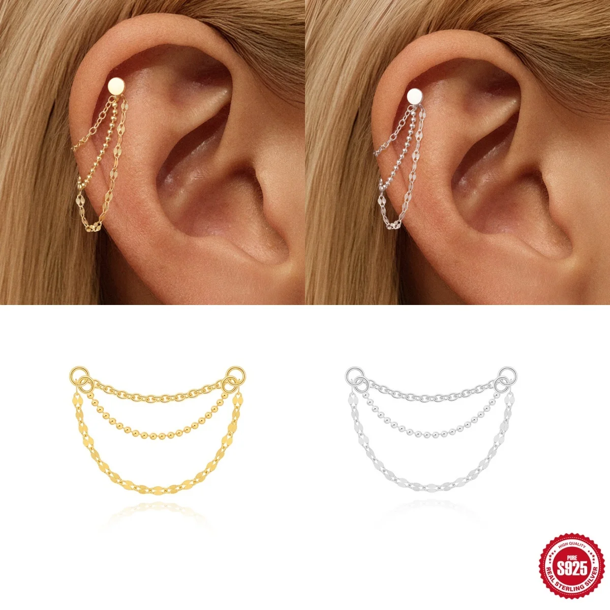 

ROXI 925 Sterling Silver 1 Piece Multiple Basic Lip Chains/O-chain Tassel Chain Puncture Earring Accessories Fine Jewelry