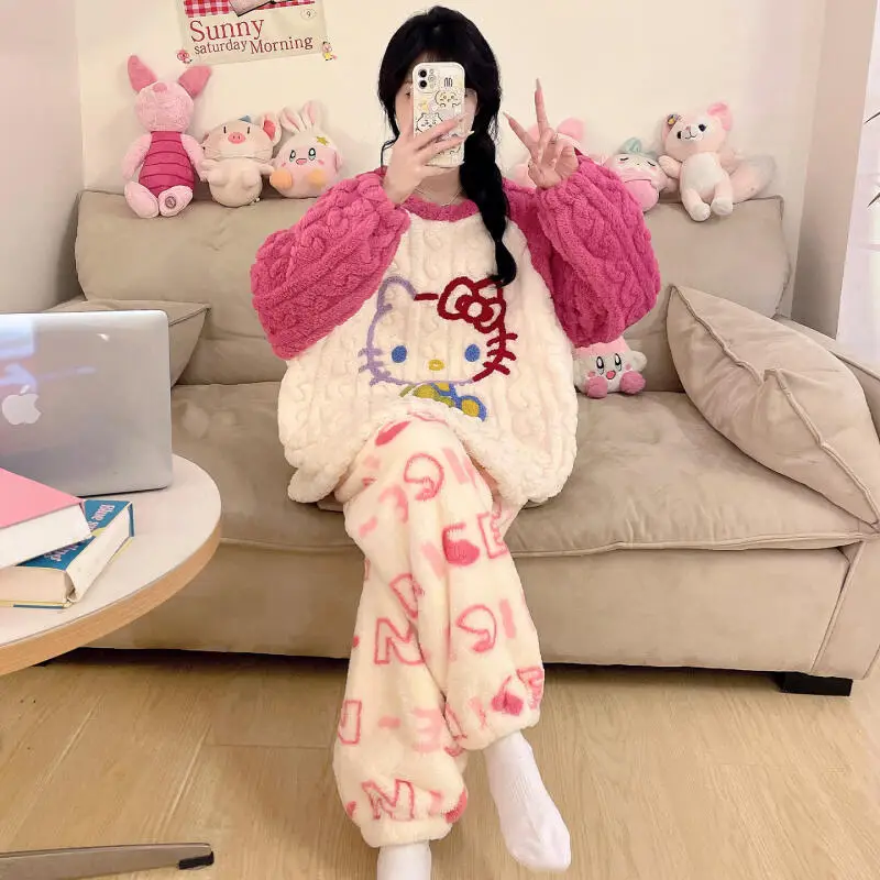 

Hello Kitty Cartoon Miss Winter Pajamas Cartoon Lounge Clothes Large Size Cute Girl Thicken Keep Warm Coral Fleece Leisure Suit
