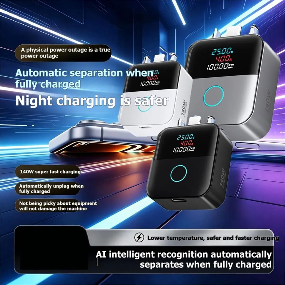 update. Automatic Cut Off Charging Protecto 140W Overnight Auto-Disconnect Charging Adapter for Type C Electronic Devices White