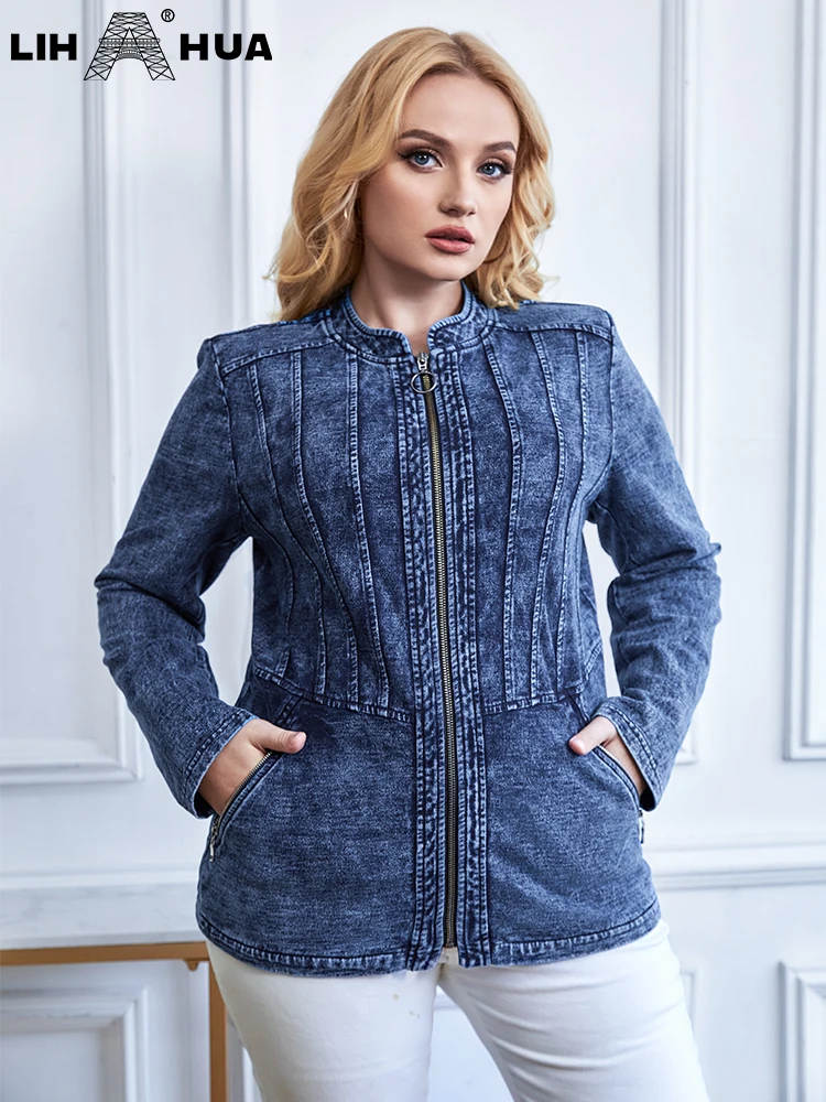 LIH HUA Women's Plus Size Denim Jacket Autumn Chic Elegant Jacket For Chubby Women Round Neck Knitted Cotton Jacket