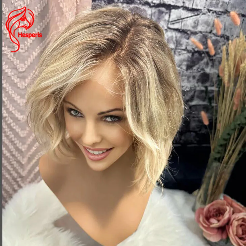 Hesperis Human Hair Lace Front Wig Side Parting Wavy Short Layered Bob Blonde Highlights Human Hair Wigs Ombre For Women