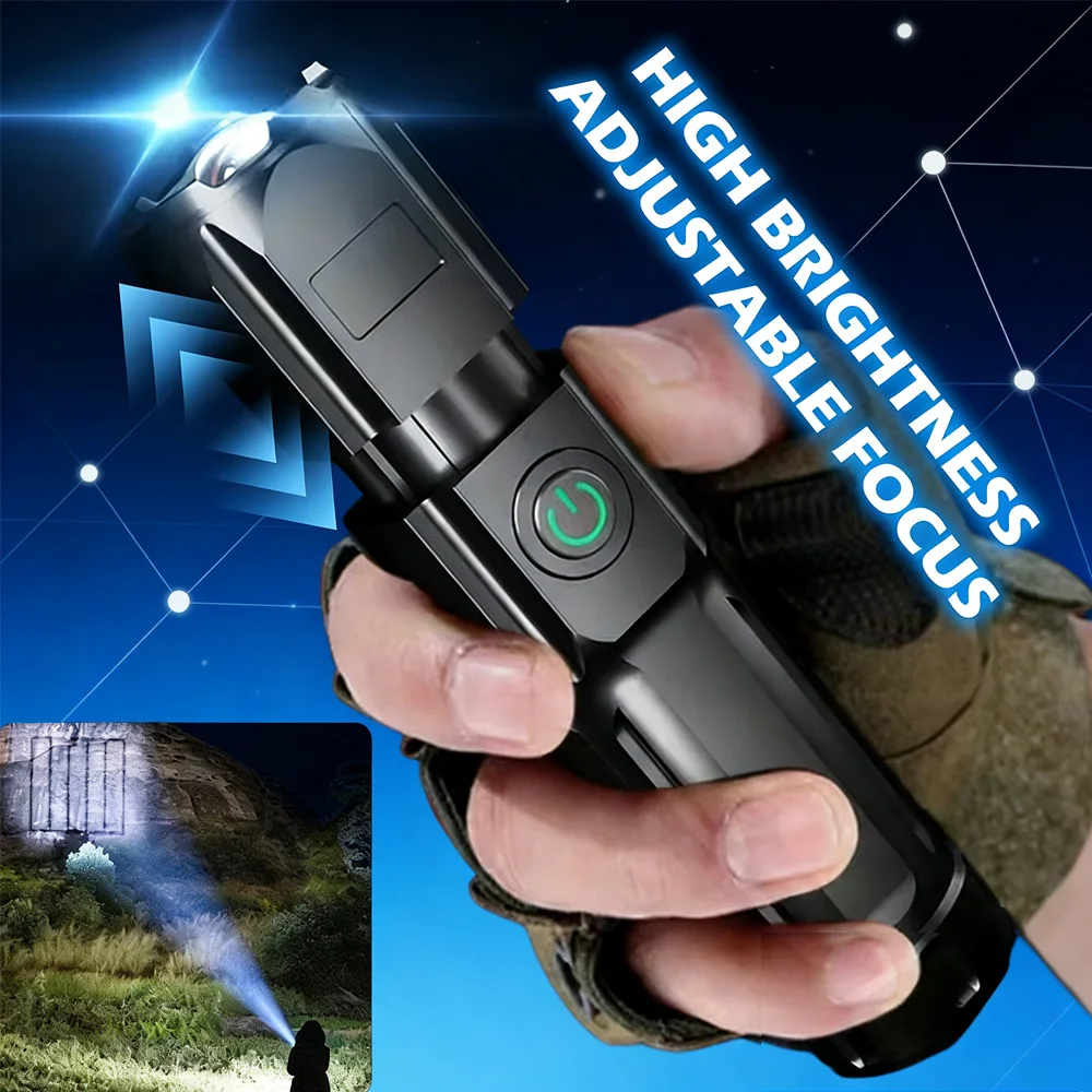 

Светодиодный фонарик для кемпинга, мощный USB перезаряжаемый прожектор с зумом, встроенный аккумулятор, водонепроницаемый для рыбалки и улицы