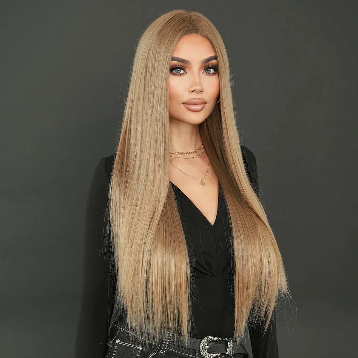 NAMM Long Straight Brown Wig For Women Daily Use Party Blone Gradient With Bangs High Density Synthetic Heat Resistant Wigs