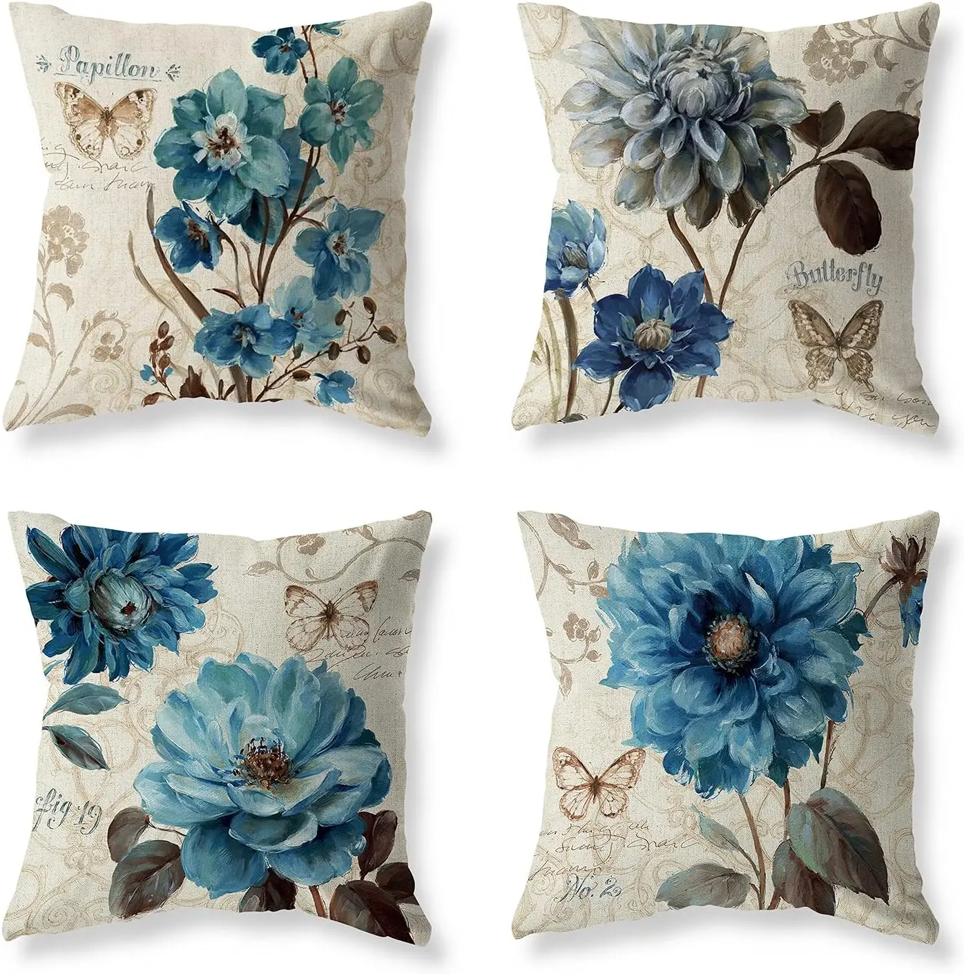 Set of 4 Farmhouse Blue Flower Throw Pillow Covers 18x18 Inch Orchid Butterfly Cotton Linen Floral Cushion Case for Sofa Couch