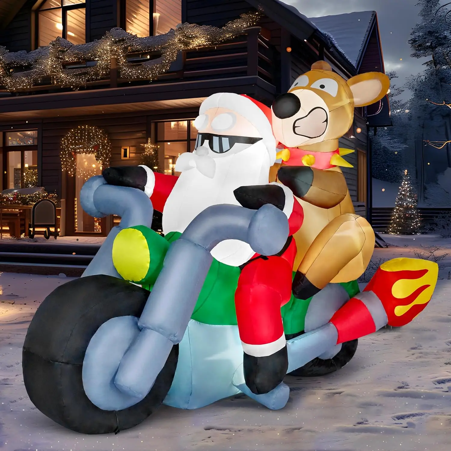 7 FT Long Christmas Inflatables Outdoor Decorations Santa Riding Motorcycle with Reindeer for Xmas Party Lawn Décor