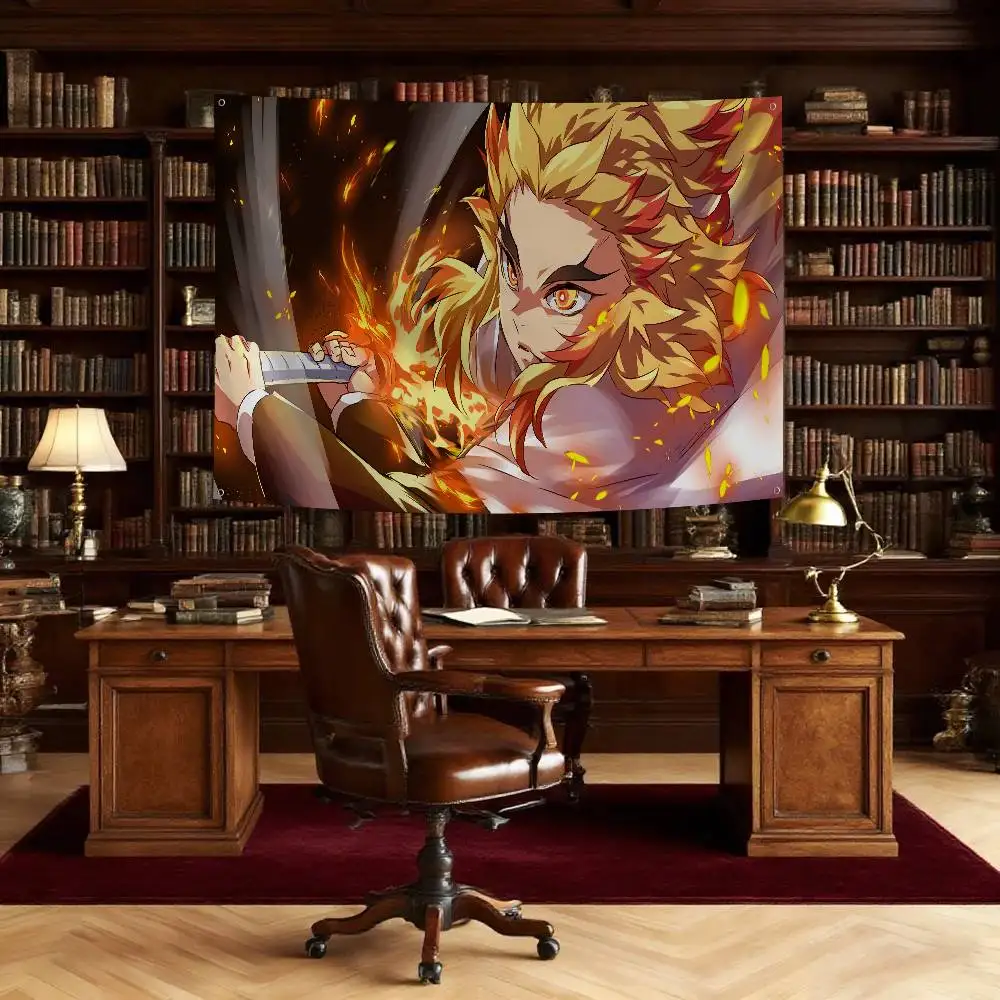 Anime Game Demon Slayer Rengoku Kyoujurou Flag Banners Four Hole Flag Polyester Outdoor Decor Room Aesthetic