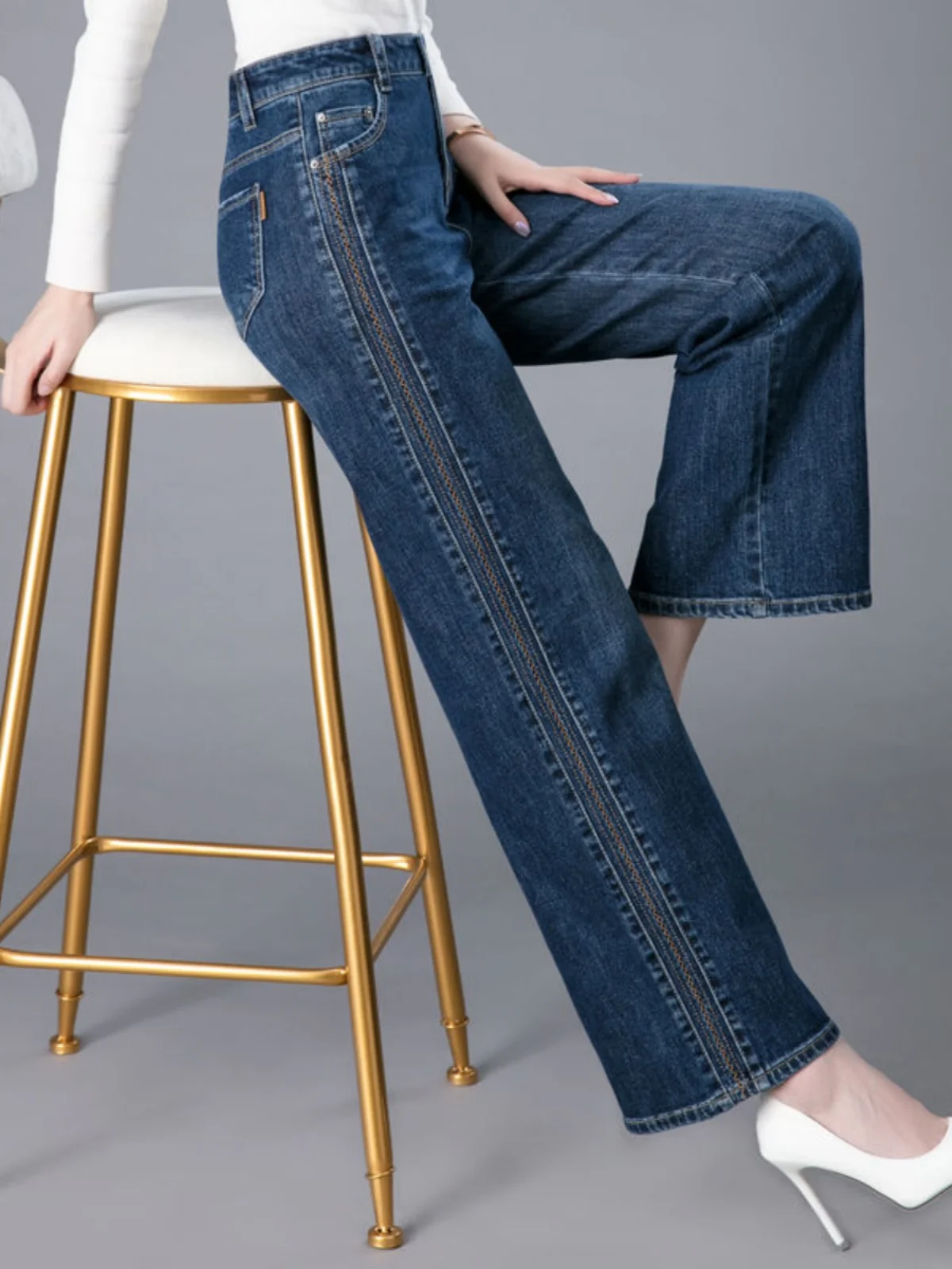 하이웨이스트 와이드 레그 자수 데님 청바지 여성용 봄 신상 슬림핏 롱 팬츠 스트레이트 컷 바닥 길이