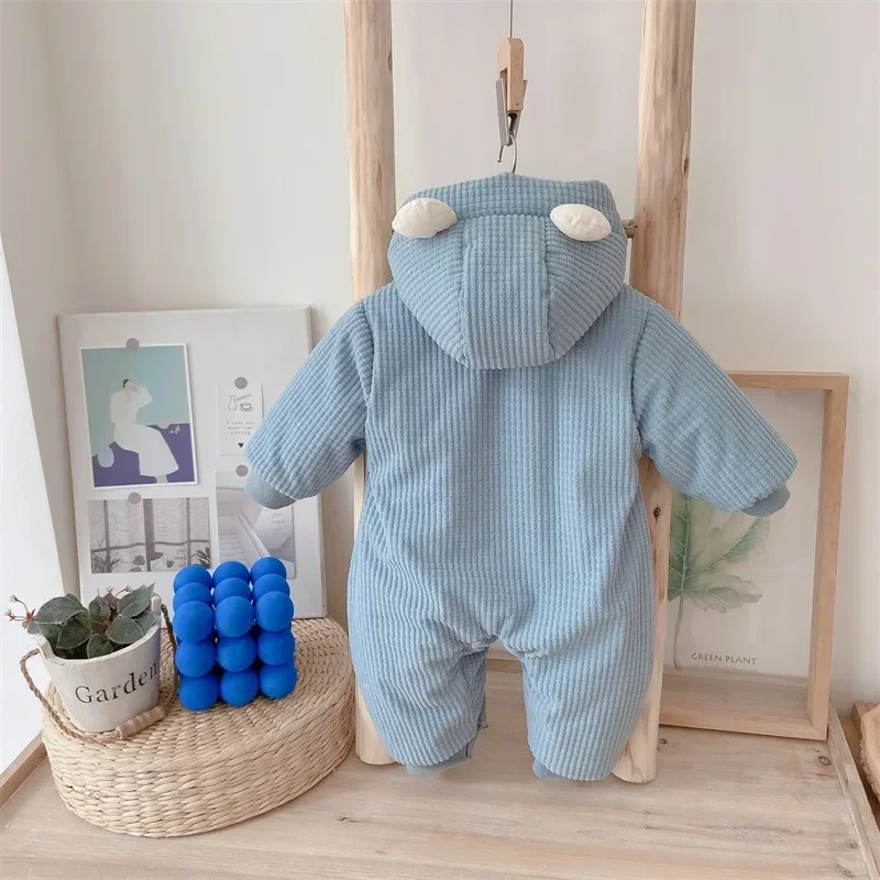 2023 winter new in infant kids boys full sleeve corduroy hooded color blocking thicken plush one-piece newborn baby romper