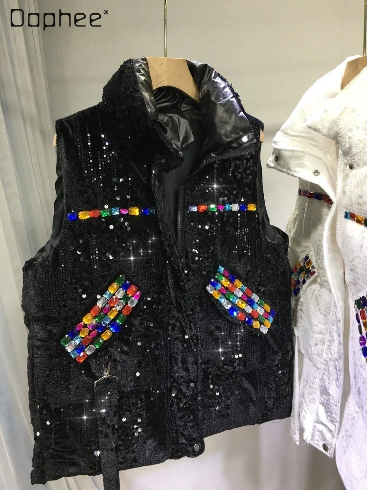 

Thick Quilted Waistcoat Stand-up Collar Thermal Gem Sequined Waistcoat Women Autumn Winter Sleeveless Vest Cotton-Padded Jacket