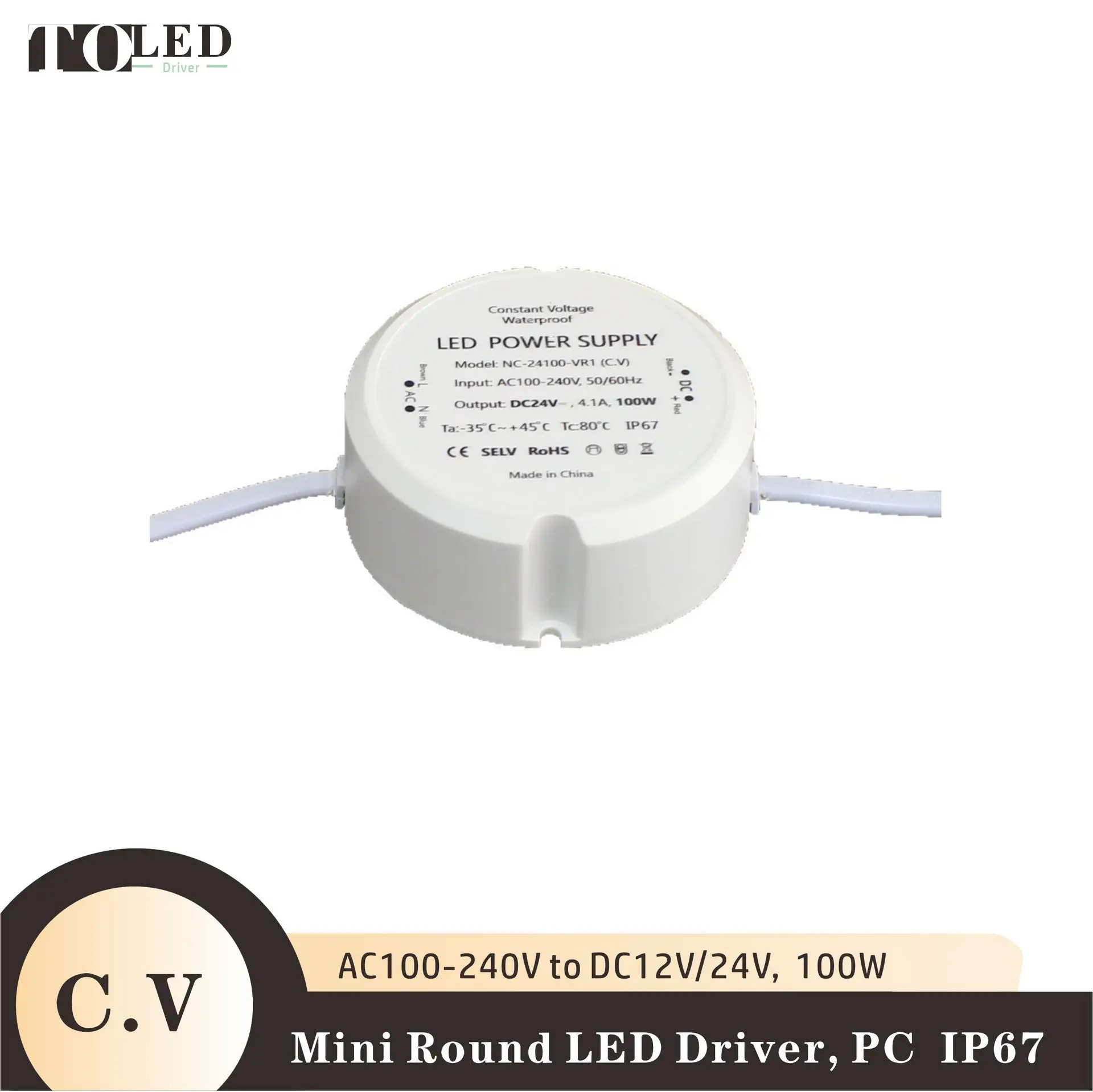 Constant-voltage Dc12V/24V 80W100W Small-size Mini Round Plastic-cased Waterproof IP65 IP67 LED Driver Switching Power Supply