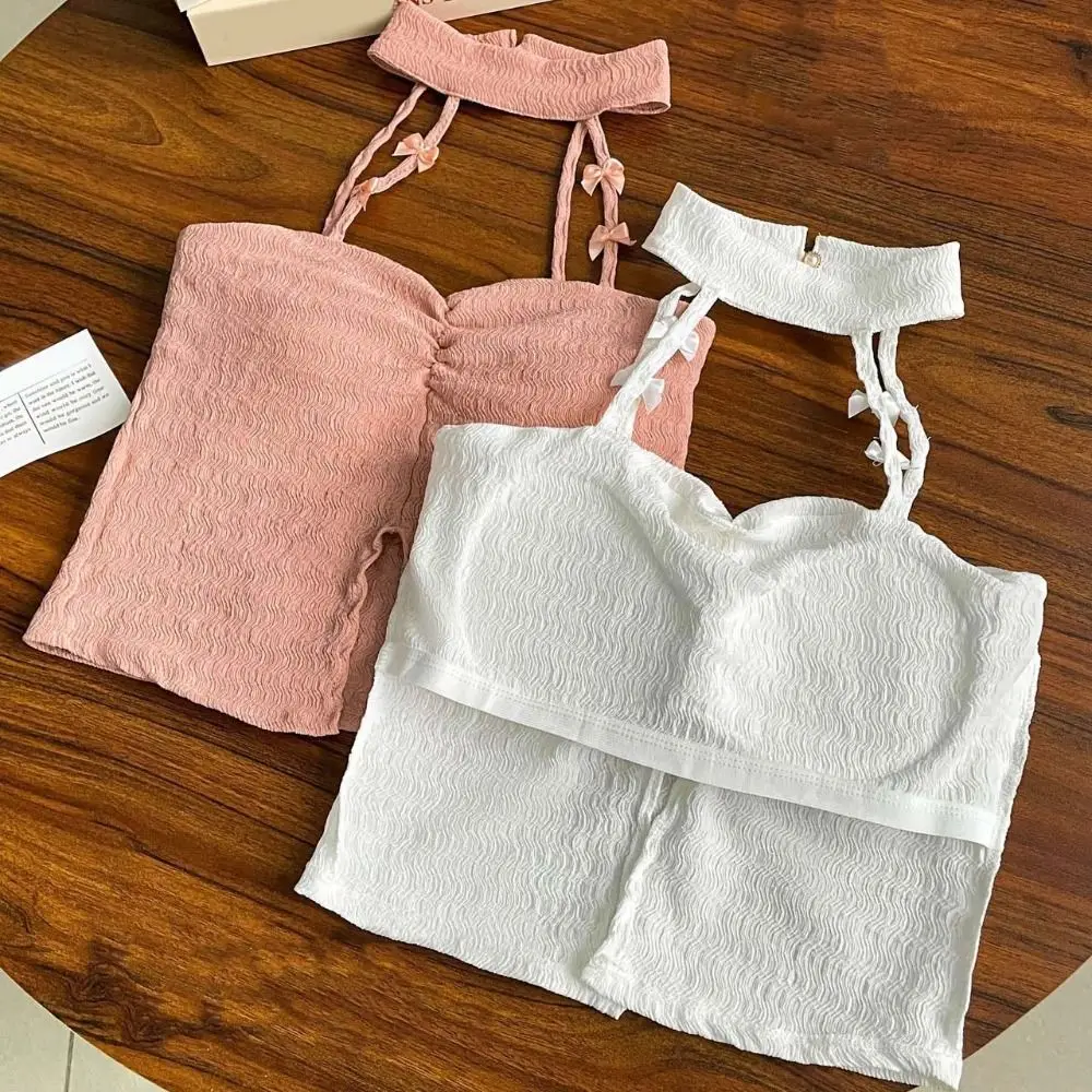 

Undershirt Sleeveless Bow Halter Camisole Hollow Sweet Off Shoulder Camisole Spicy Girl Style Irregular Girl's Vest Top Seaside