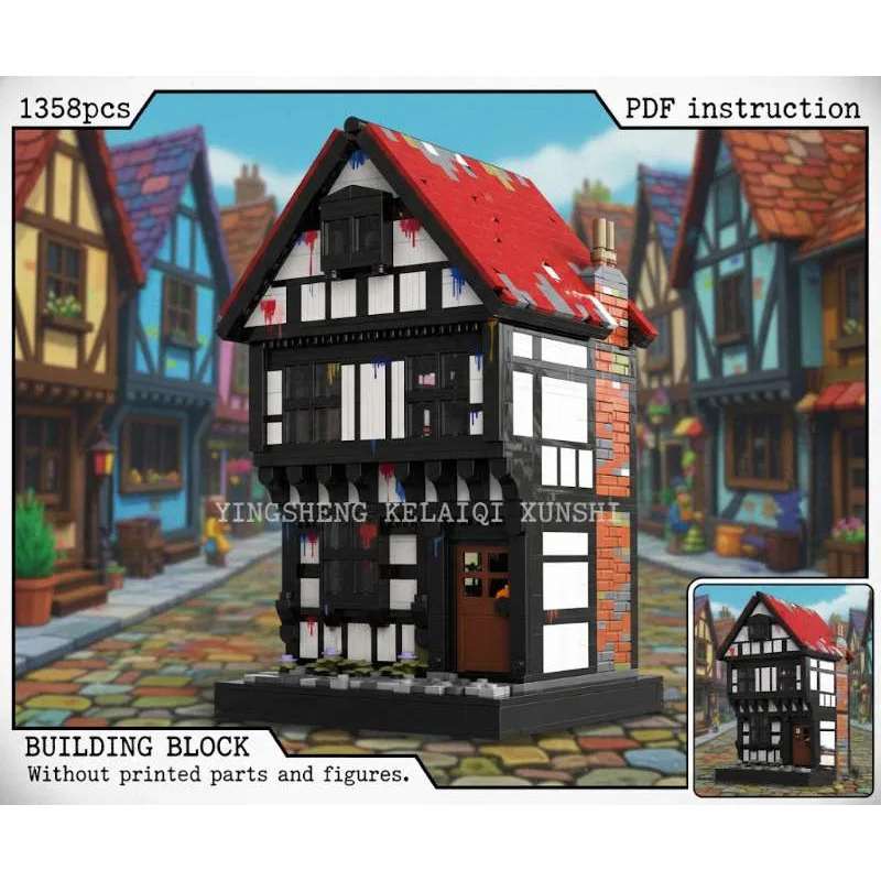 

Jettying Style Medieval Architecture Tudor Timber Framed Townhouse MOC Block Model