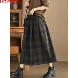 Ethnic Style Women's Autumn And Winter 2024 New Retro A-line Umbrella Plaid Skirt Loose Distressed Elastic Waist Mid-calf Skirt