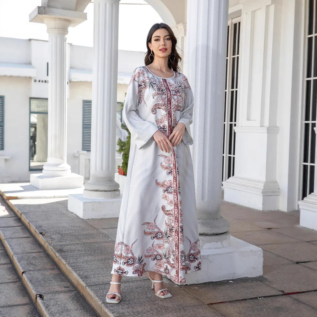 2026 Middle East Muslim New Fashion Women's Pink Printed Long Sleeve O-neck Ankle Length Dresses Female Elegant Trendy Clothes