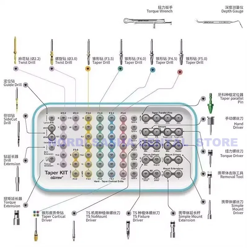 OSSTEM Taper Kit Dental OSSTEM Fixture& Screw Remover Tool Torque Extension Dentistry Taper/ Guide /Twist Drill Implant Surgical