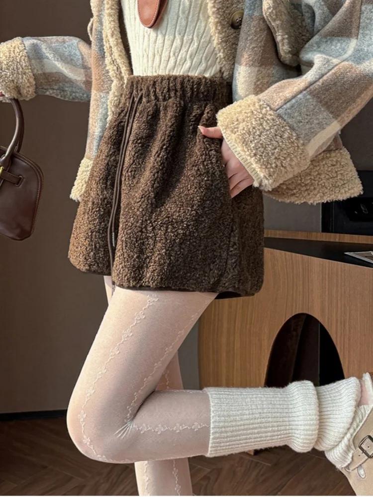 SMTHMA, nuevos pantalones cortos de lana de cordero para otoño e invierno para mujer con cordón, pantalones de pierna ancha con cintura elástica