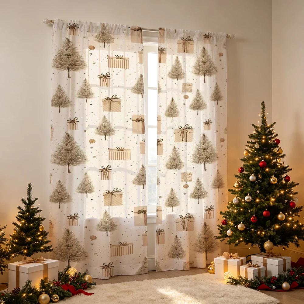 2PCS Christmas Curtains, Line art pine tree gift boxes Print, Bedroom Window Drapes, Rod Pocket Top Polyester, Home Decor