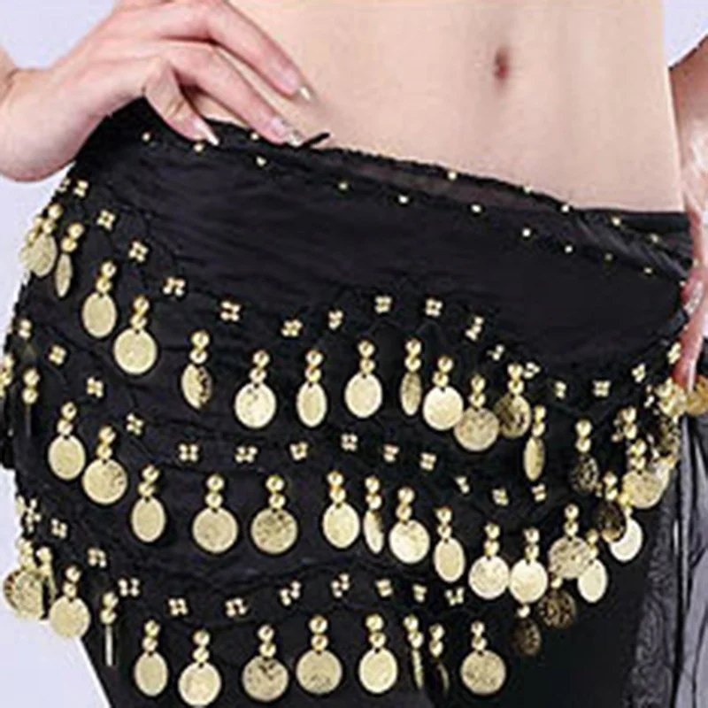 Bling Gold Coin Belly Dance Hip Scarf Costume for Women Oriental Buttocks Waist Chain Tassel Skirt Belt Dancing Lesson Clothes