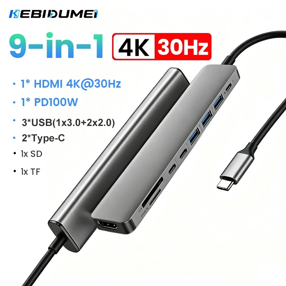 KEBIDUMEI USB-Hub 9-in-1 Typ-C zu 4K30Hz HDMI SD&TF 5Gbps USB3.0 PD100W USB-Splitter Dockingstation für PC Macbook Zubehör