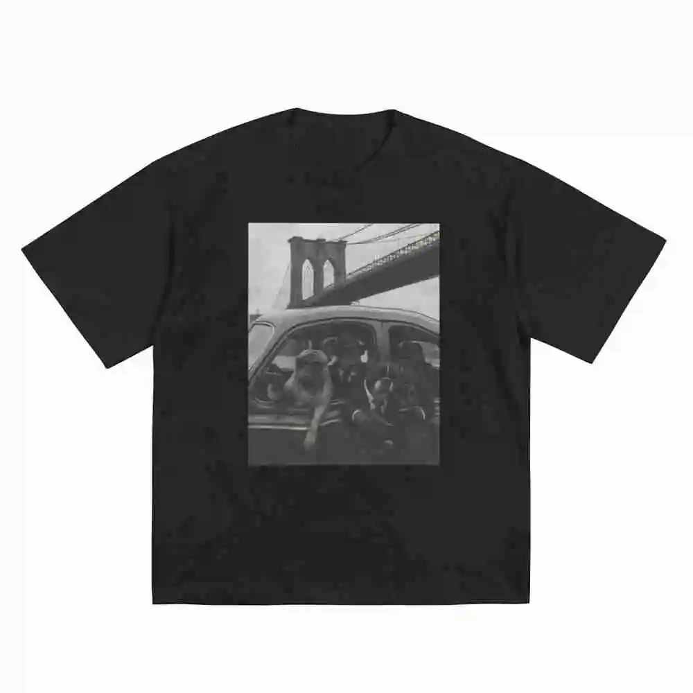French Bulldog Meme Brooklyn Bridge In Car Vintage Black And White Photo Brainrot Gen Z Memes Short Sleeve Tee 100% Cotton T-Shi