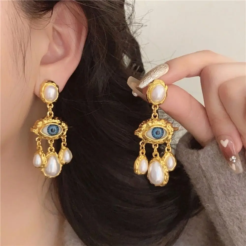 

Retro Vintage Devil Eye Earrings Water Droplet Long Tassel Pearl Drop Earrings Accessories Ear Jewelry Exaggerate Earring Women