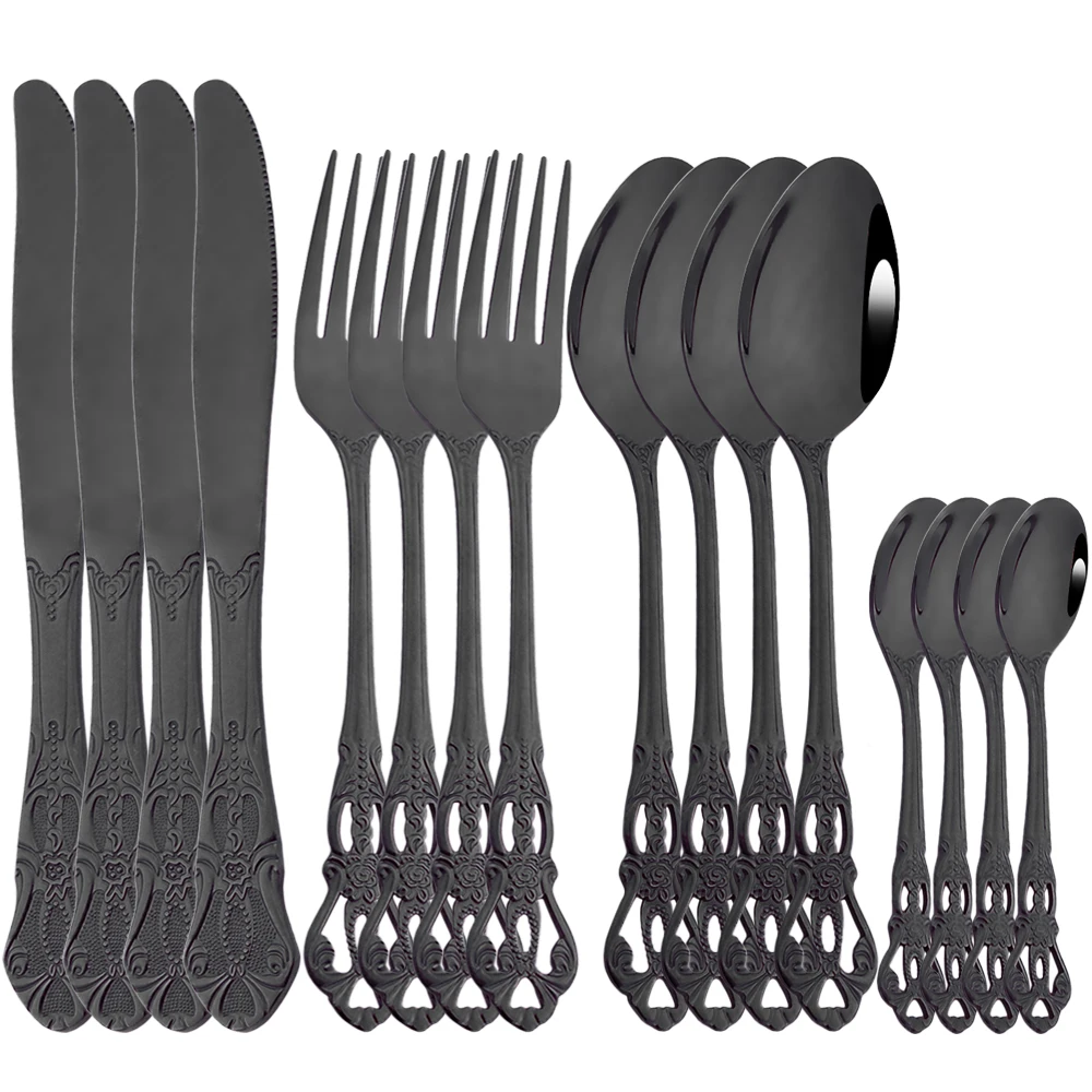 

16Pcs Stainless Steel Cutlery Black Tableware Dinnerware Set Western Royal Knife Spoons Fork Flatware Kitchen Silverware Set