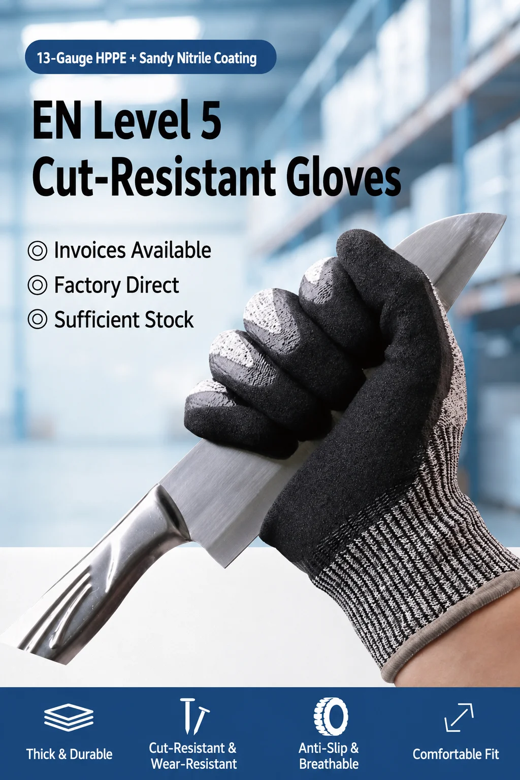 Level 5 Cut Resistant Gloves 13G HPPE Safety Work Gloves Anti-Slip Nitrile Coated Protective Gloves for Kitchen Construction Mec