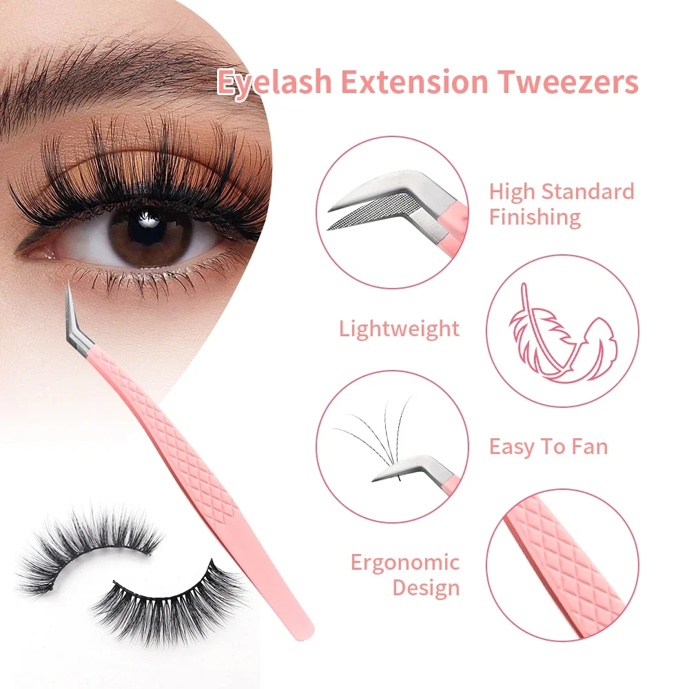 Fiber Tip Eyelash Extensions Tweezers Clip Makeup Pink Stainless Steel Technological Fibers Eyelashes Extensions Lash Tweezers