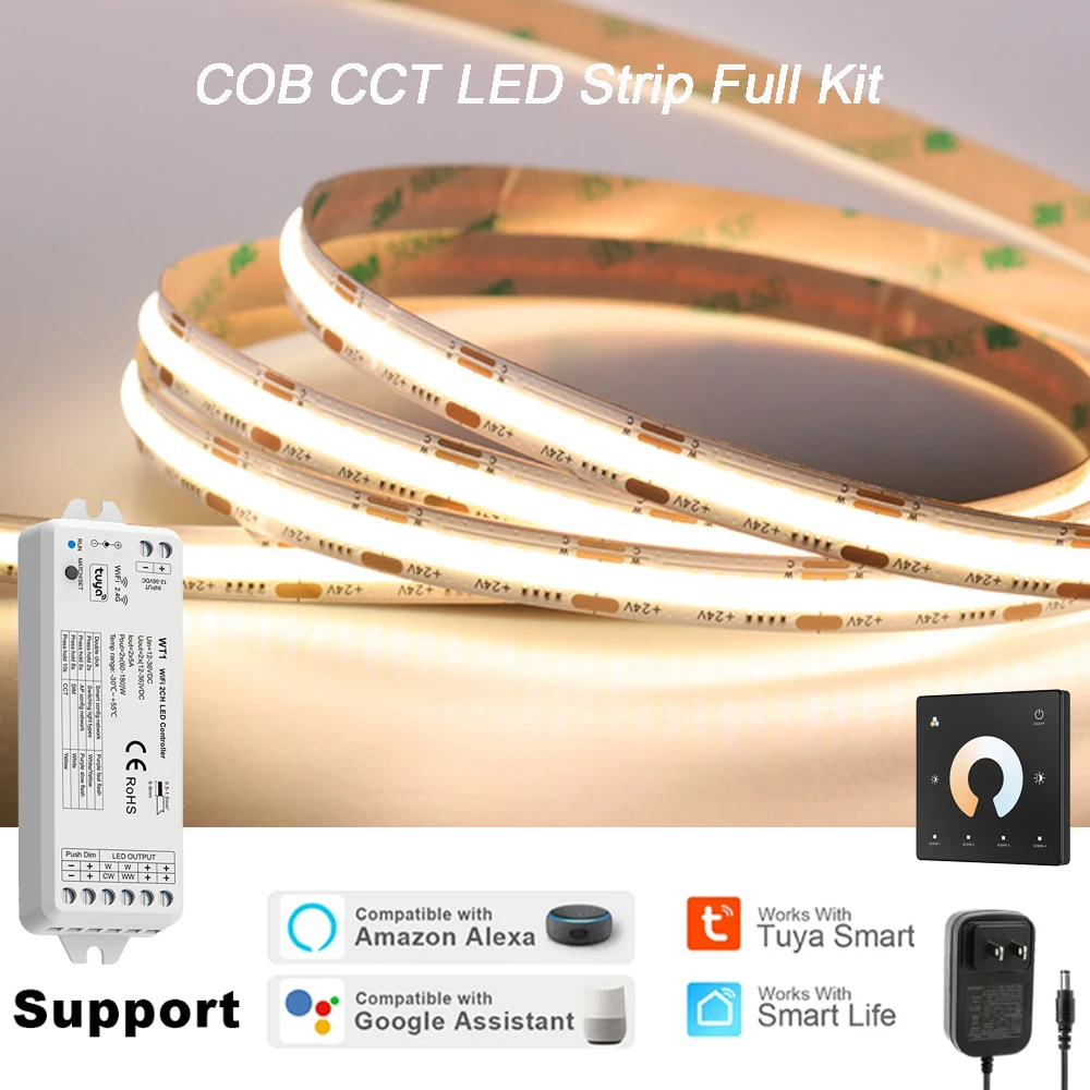 

COB CCT Led Strip KIT TUYA WiFi APP Voice Smart Control RF Touch wheel Panel Remote Controller Dimmable Decor Lighting Diode