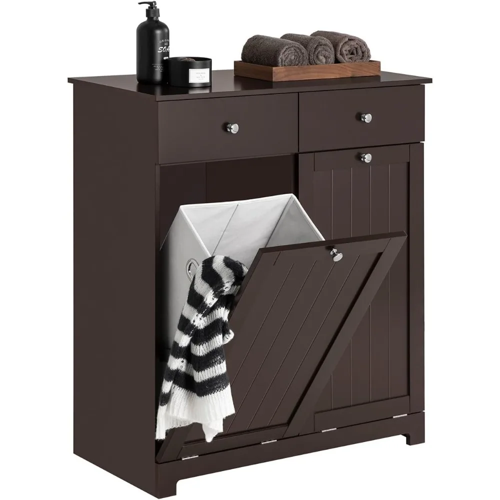 Bathroom Laundry Cabinet with 2 Baskets and 2 Drawers, Tilt-Out Laundry Hamper, Bathroom Storage Cabinet Unit with Drawer