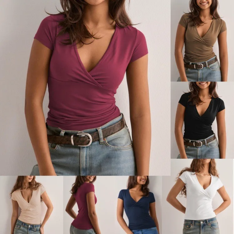 Y2k Women T-shirt Short Sleeve V Neck Crop Top Wrap Front Solid Color Stretch Fabric Belted V Y2k Style Slim Fit For Woman