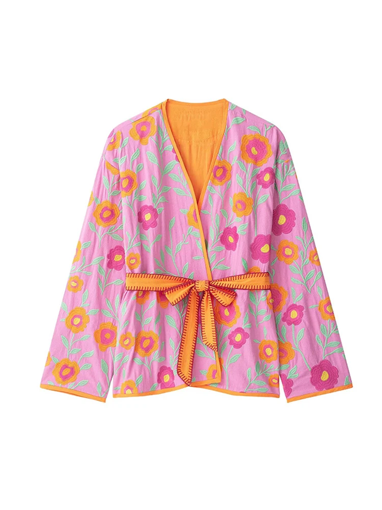 TFMLN New Women's Flowers Embroidered Coats V-neck Long Sleeve With Belt Jackets Autumn New Fashion Casual Ladies Outerwear