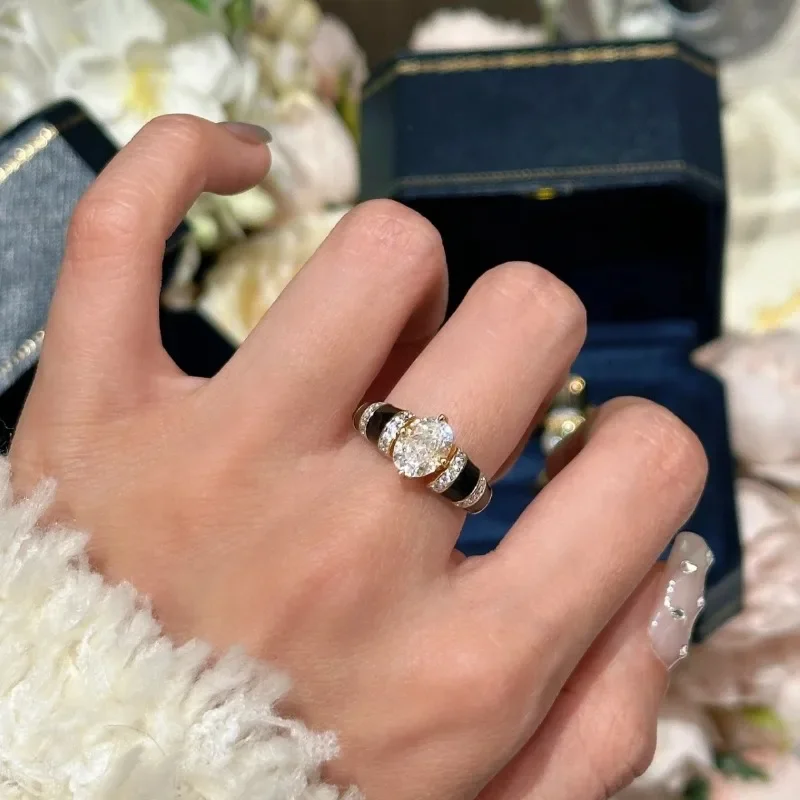 Exquisite Black Agate Vinatge Style Fine Jewelry Luxury Daily rings Couple Style Stacked Ring Engagement Wedding Opening