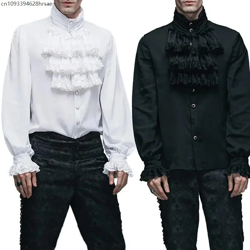 

Men's Vampire Victorian Renaissance Shirts And Blouses Solid Black White Gothic Ruffled Stand Collar Medieval Blouse Tops Shirt