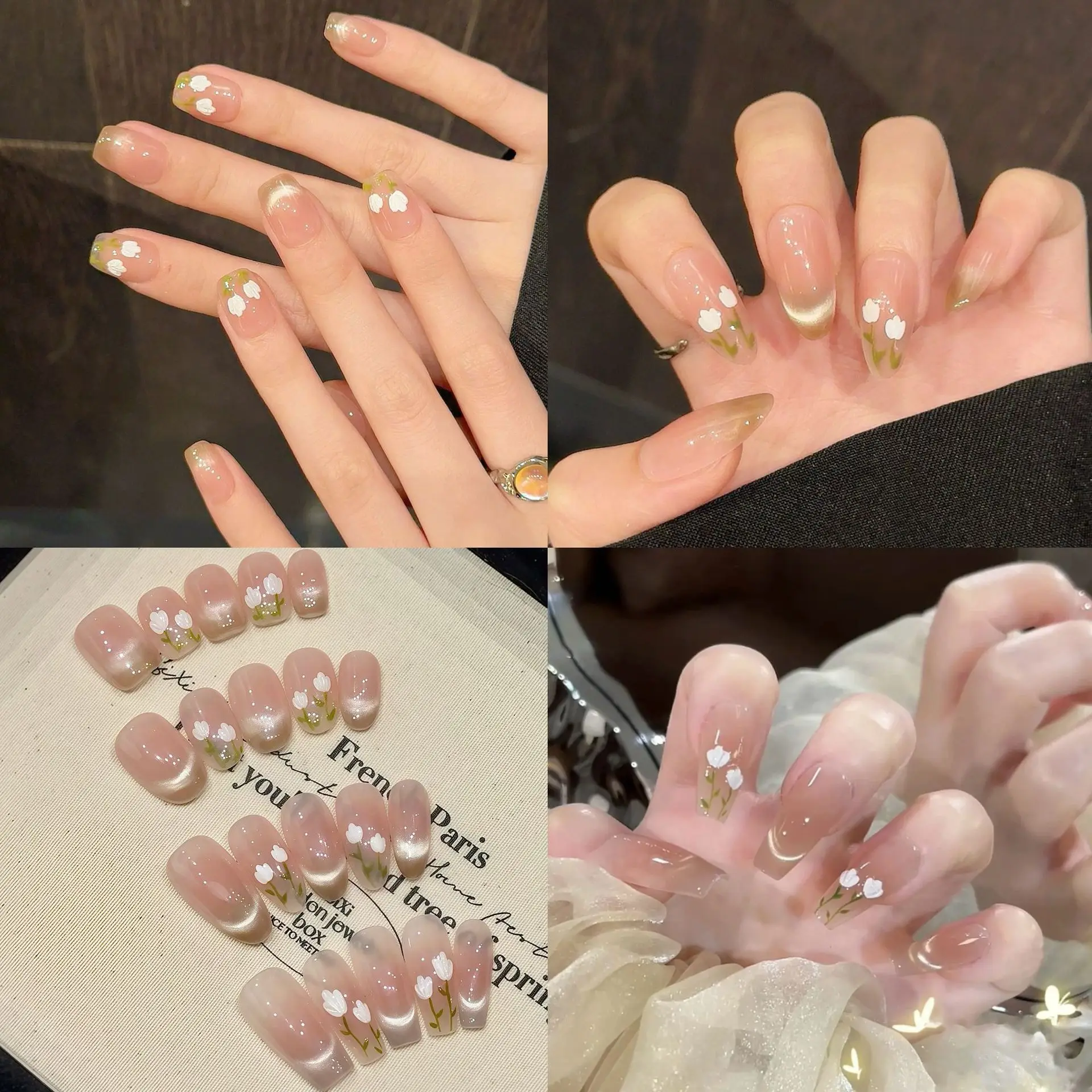 Handgemaakte Franse naakt Cat Eye Press on Nails Spring Tulip Print Zoete Koreaanse kunstnagels Draagbaar Herbruikbaar Sweet Girl Fake Nails