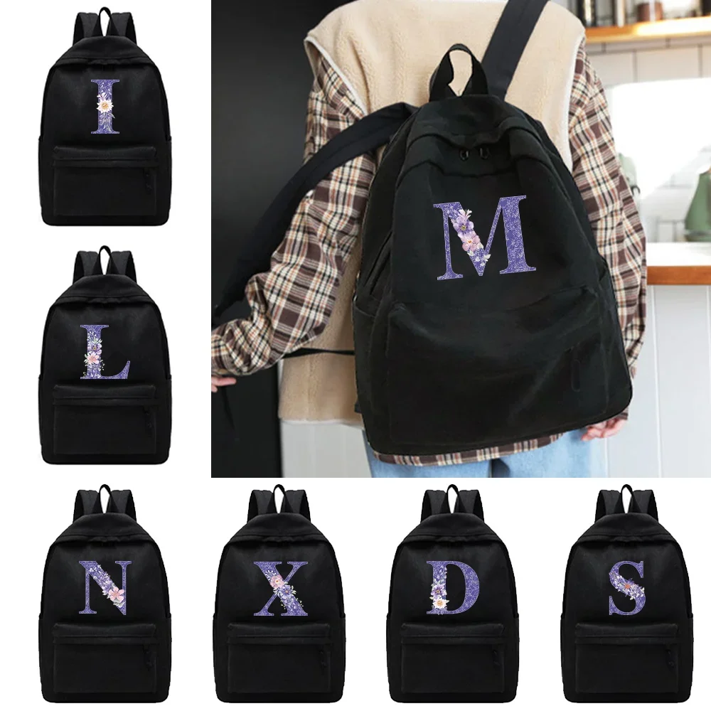 

2024 Women School Backpack Black Canvas Purple Flower Bagpack Female Theft Rucksack Casual Lady Travel Backpack Korean Back Pack